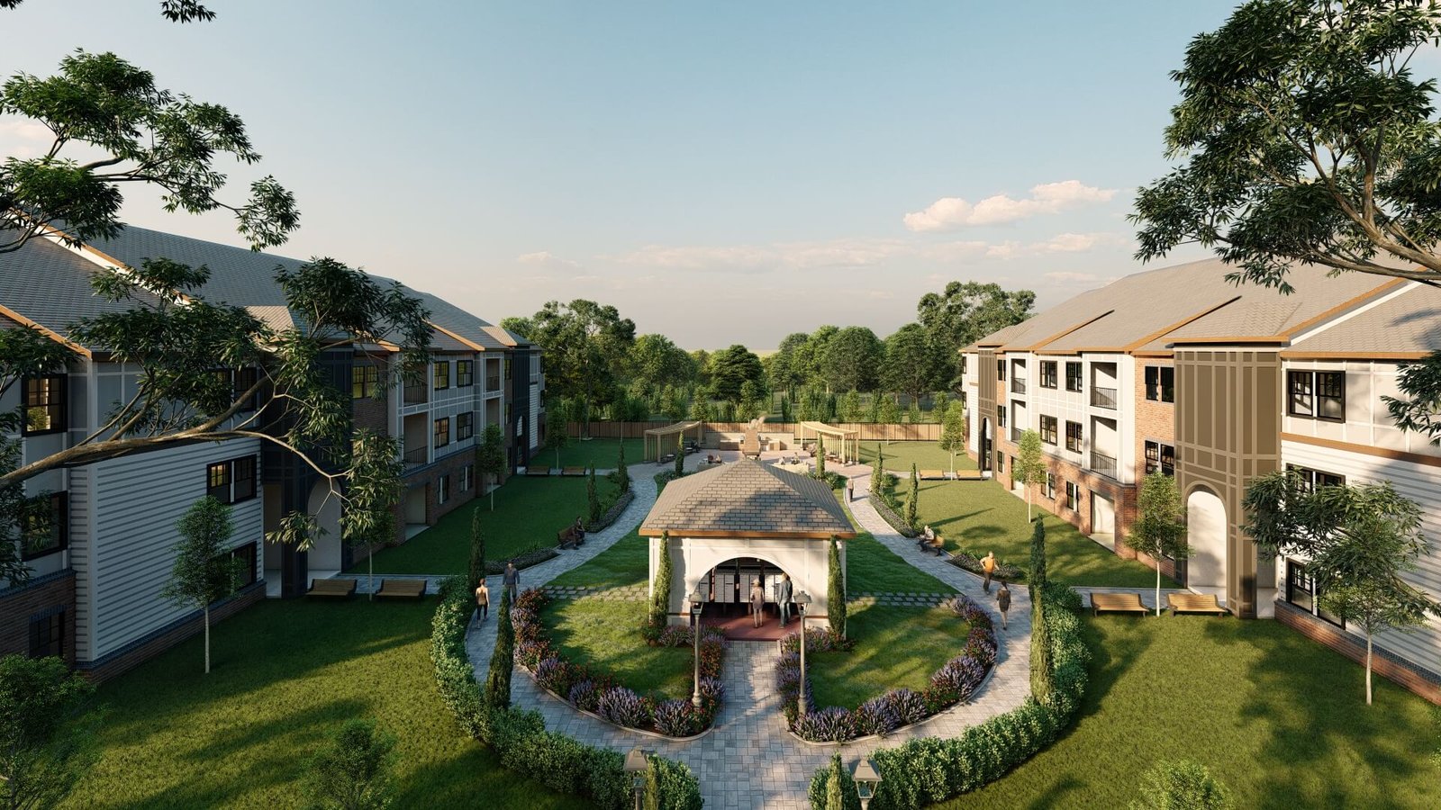 Apartment Community Courtyard Garden – 3D Exterior Visualization Apartment community courtyard garden with landscaped pathways, central pavilion, and surrounding residential buildings in 3D rendering.