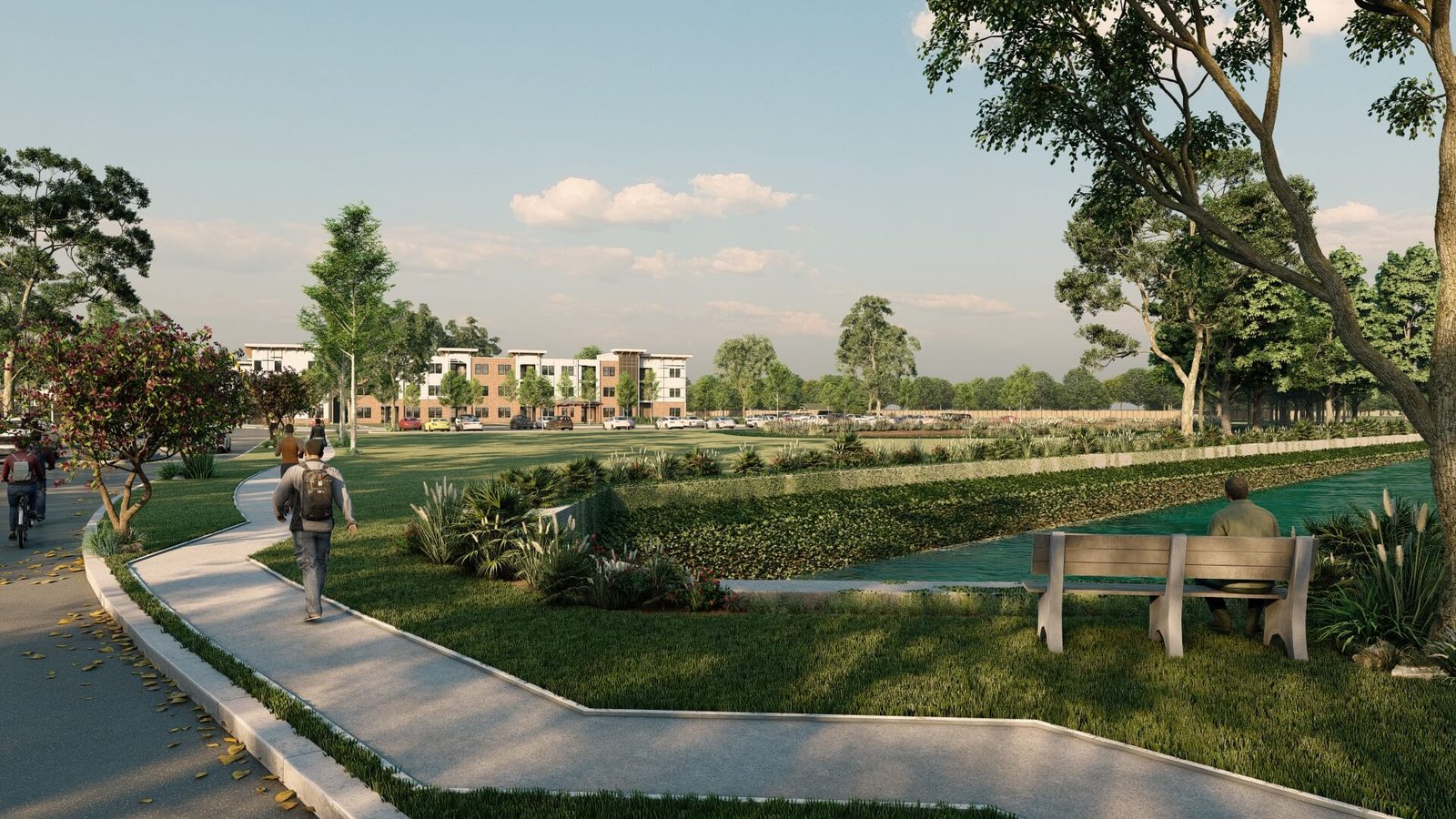 Residential Community Park Landscape – 3D Exterior Architectural Rendering Modern residential community park with walking path, bench seating, landscaped greenery, and apartment buildings in 3D architectural rendering.