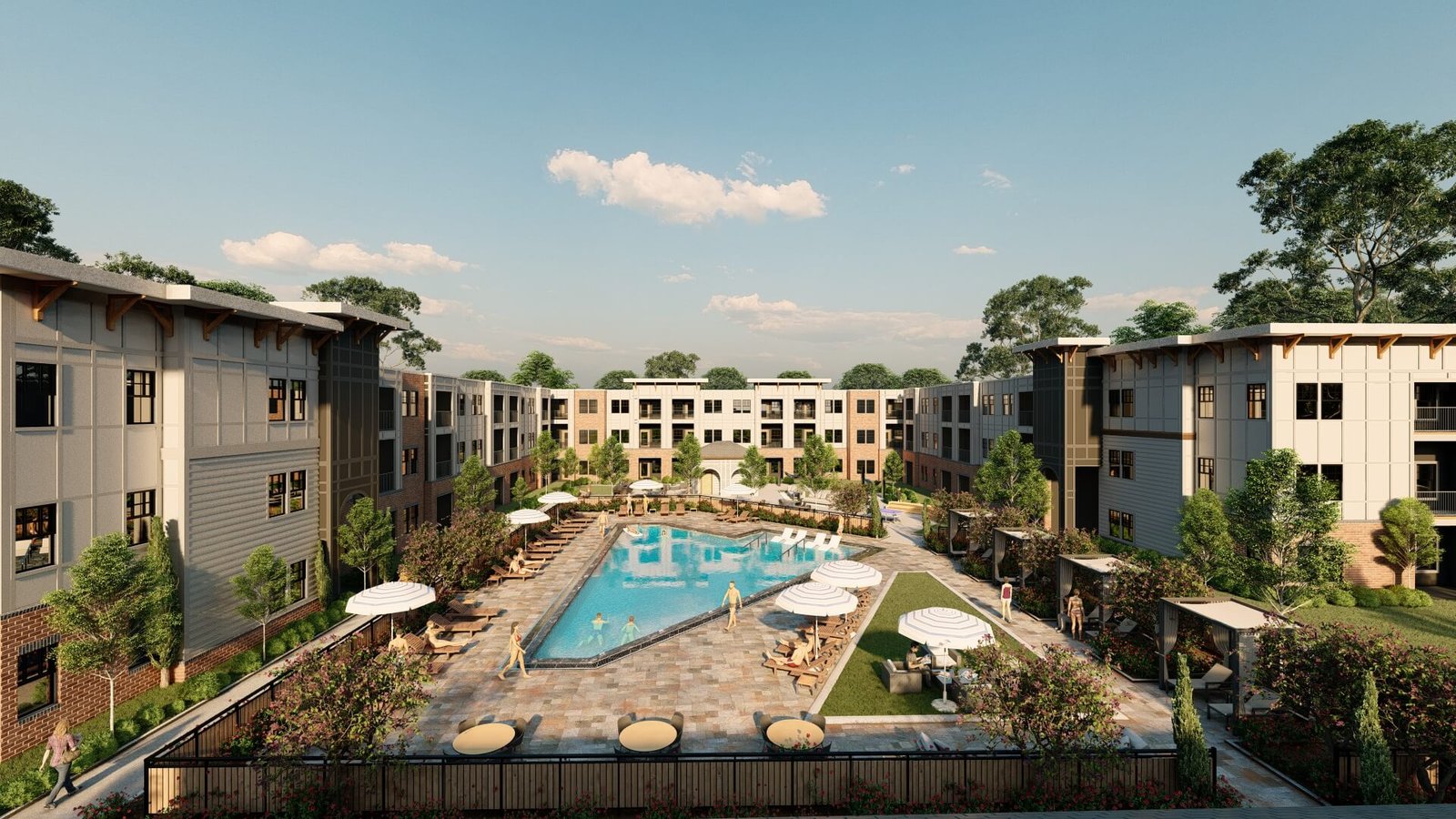 Interior courtyard motel render with central pool, lounge areas, landscaping and surrounding multi-story guest rooms