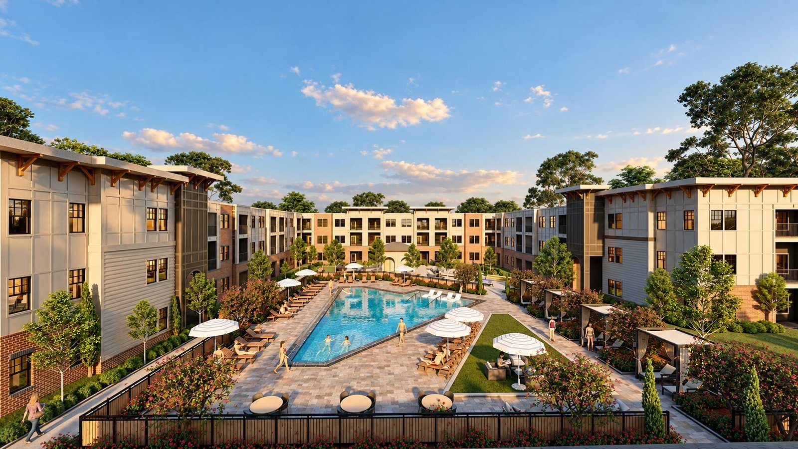 Modern low-rise apartment buildings surrounding a central swimming pool courtyard with lounge seating, landscaped pathways, and resort-style amenities.