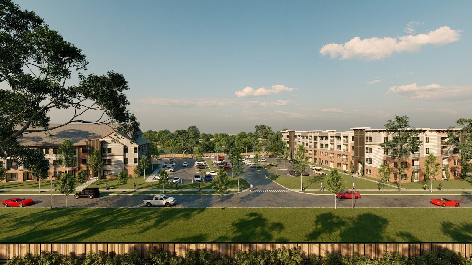 Apartment Community Master Plan – 3D Exterior Architectural Visualization Residential apartment community master plan with landscaped gardens, parking areas, and modern buildings in 3D architectural visualization.