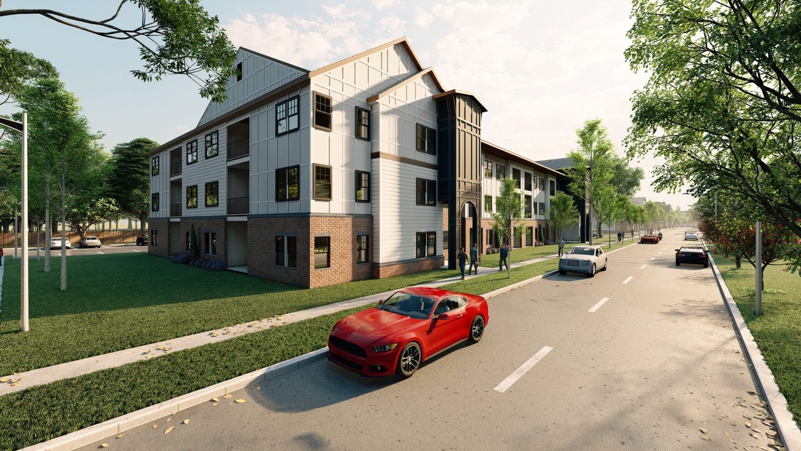 Modern Residential Apartment Street View – 3D Exterior Rendering Modern residential apartment building street view with landscaped sidewalks, parked cars, and trees in photorealistic 3D architectural rendering.