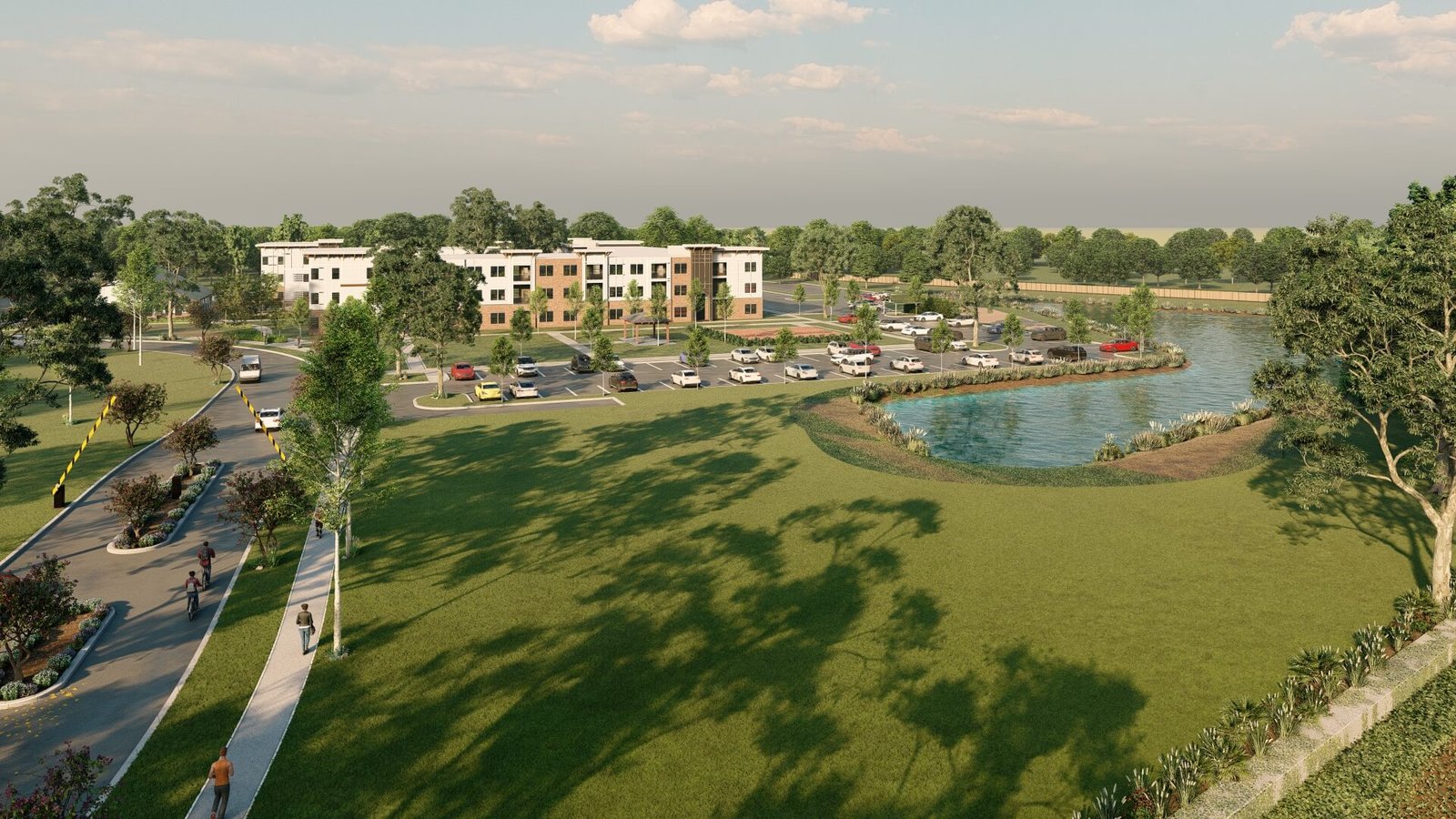 Aerial rendering of waterfront residential complex with lake views, landscape features, and surrounding forest