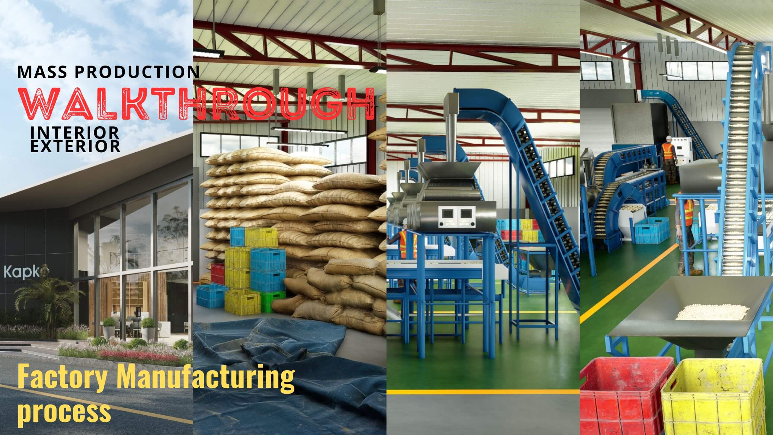 mass production factory Dry Fruits manufacturing process 3D Walkthroug video