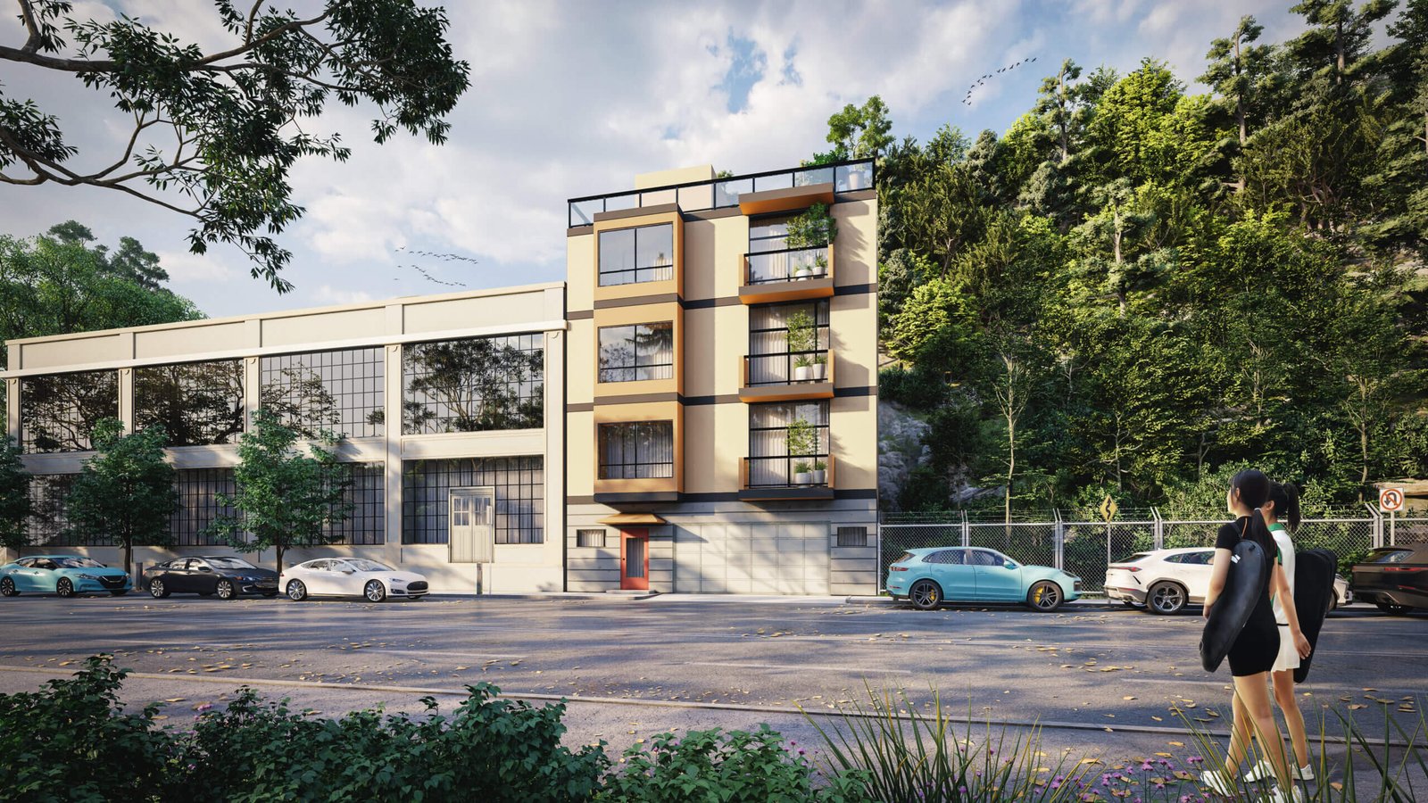 Modern mid-rise residential building with balconies and large windows, parked cars along street, pedestrians walking, and lush green hillside in background.