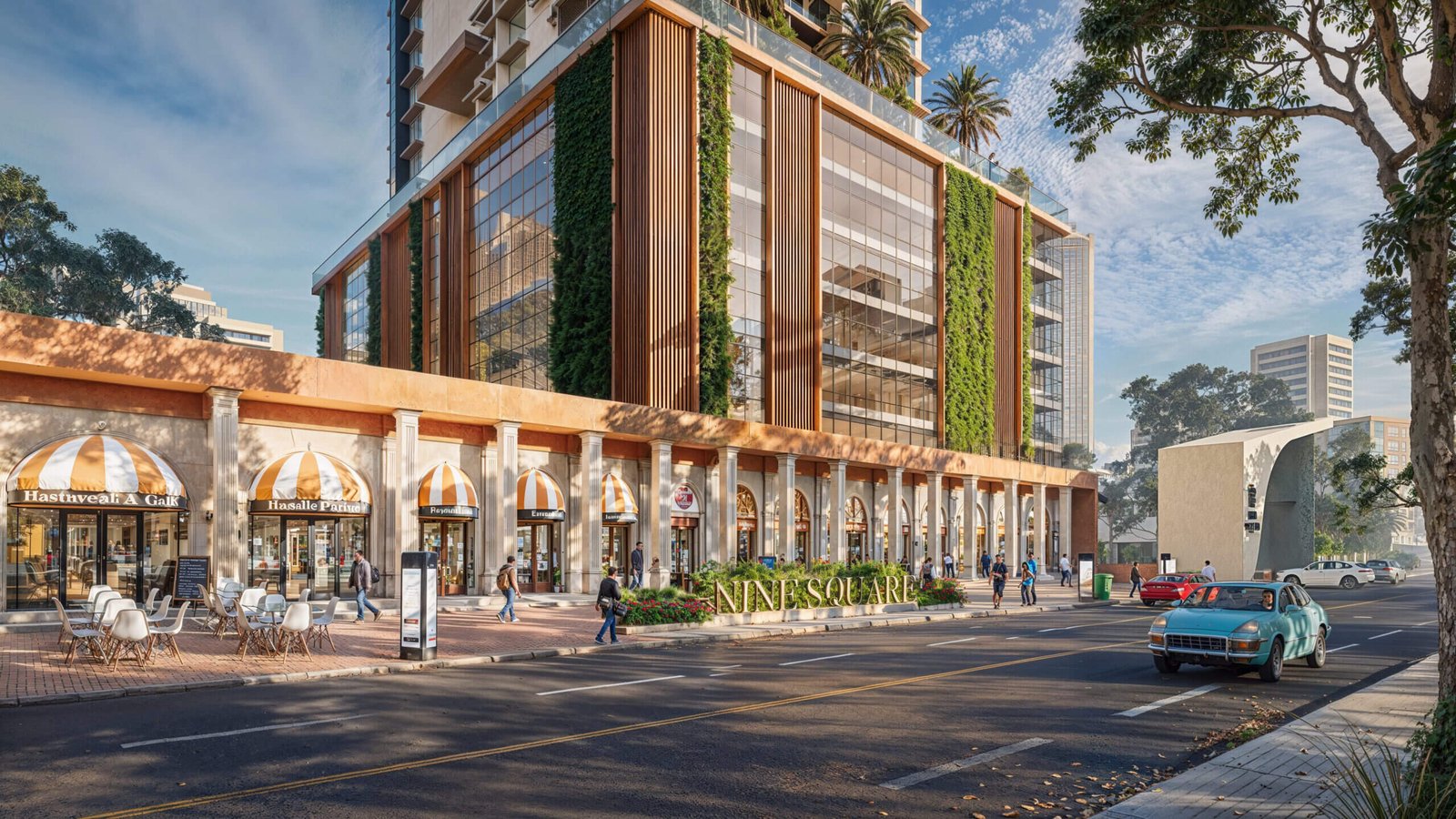 Contemporary mixed-use building with glass façade, vertical green walls, retail storefronts with striped awnings, pedestrian walkway, and active urban street scene.