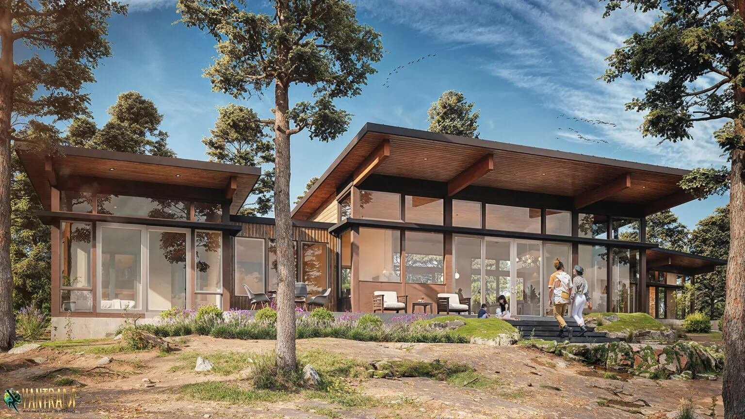 Modern forest retreat home with flat sloped roofs, expansive glass walls, wooden soffits, and natural landscape setting. – 3D visualization by Yantram Studio,