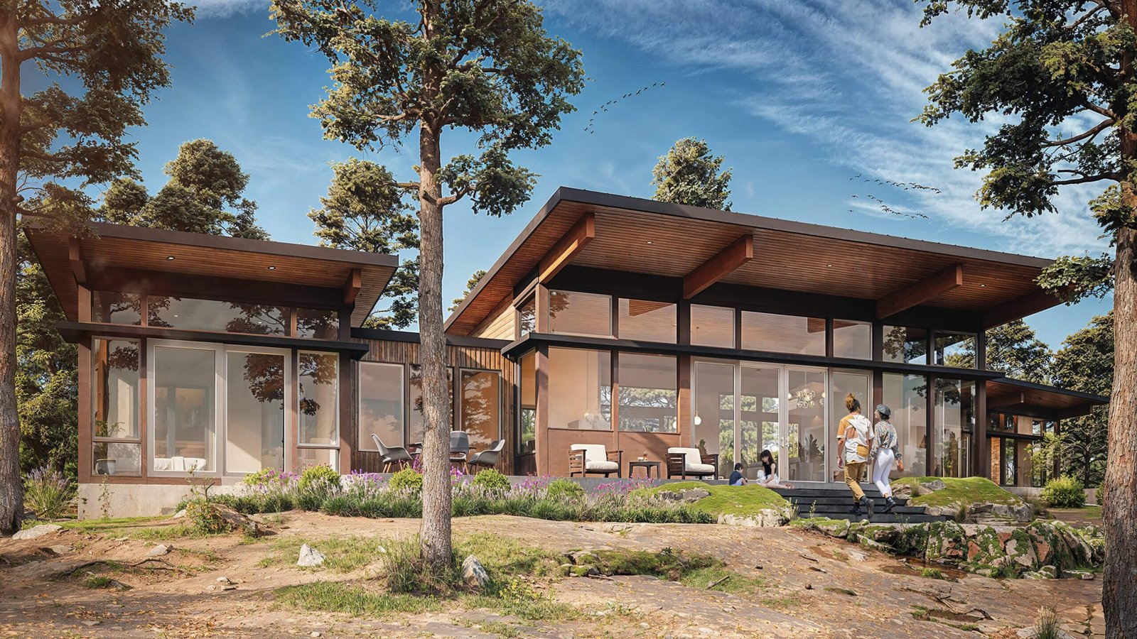 Modern glass pavilion-style home with wood roof overhangs, floor-to-ceiling windows, landscaped natural terrain, and forest surroundings. – 3D rendering by Yantram Studio