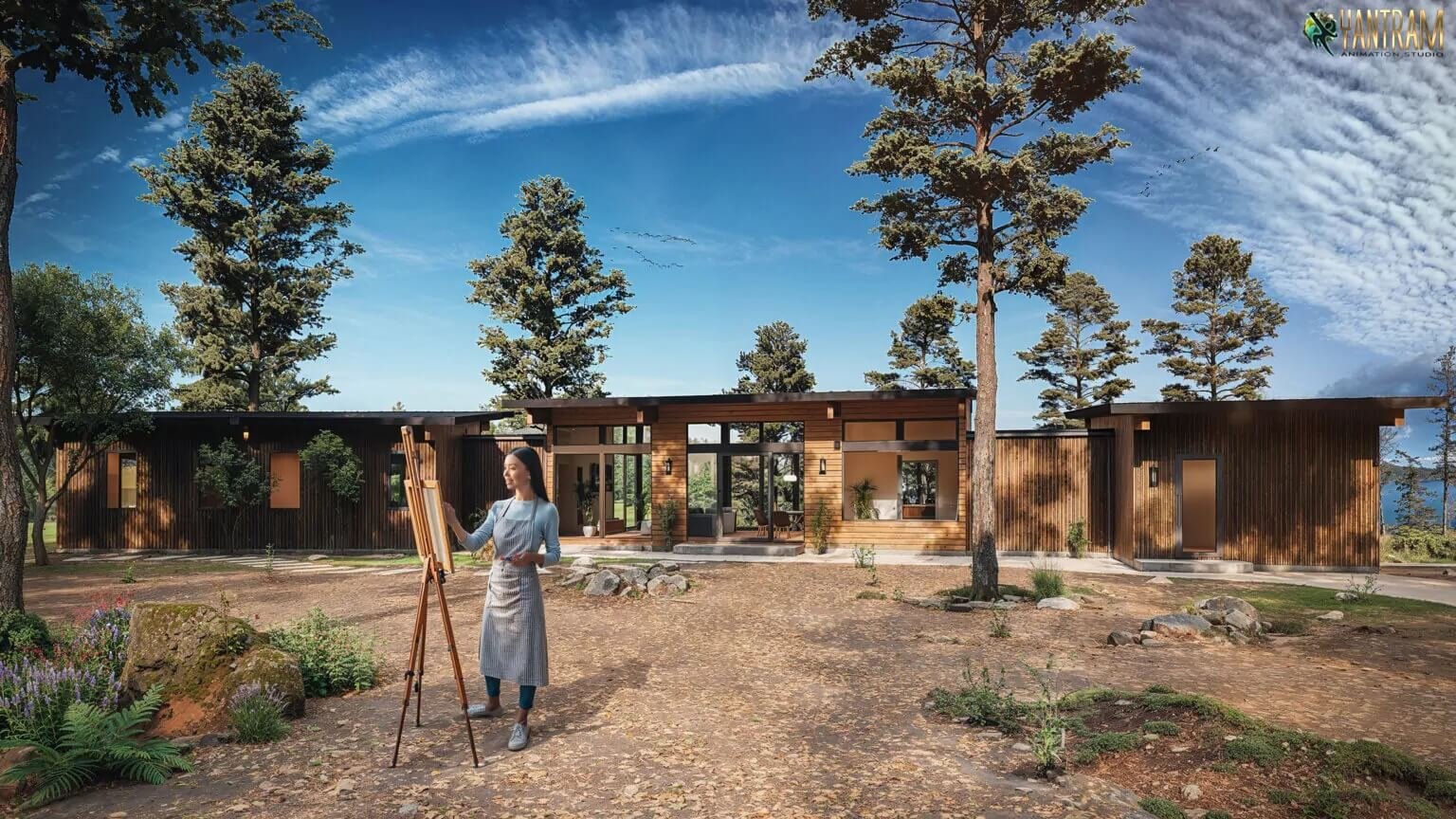 Contemporary courtyard home with natural wood façade, expansive glass walls, desert landscaping, and open central outdoor space. – 3D architectural visualization by Yantram Studio