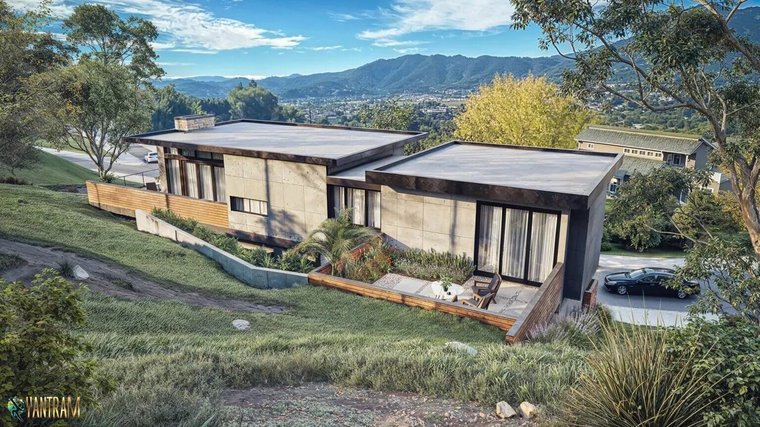Photorealistic 3D rendering of a modern hillside contemporary house with flat roofs, concrete and wood façade, terrace seating, and scenic mountain views by Yantram Studio.