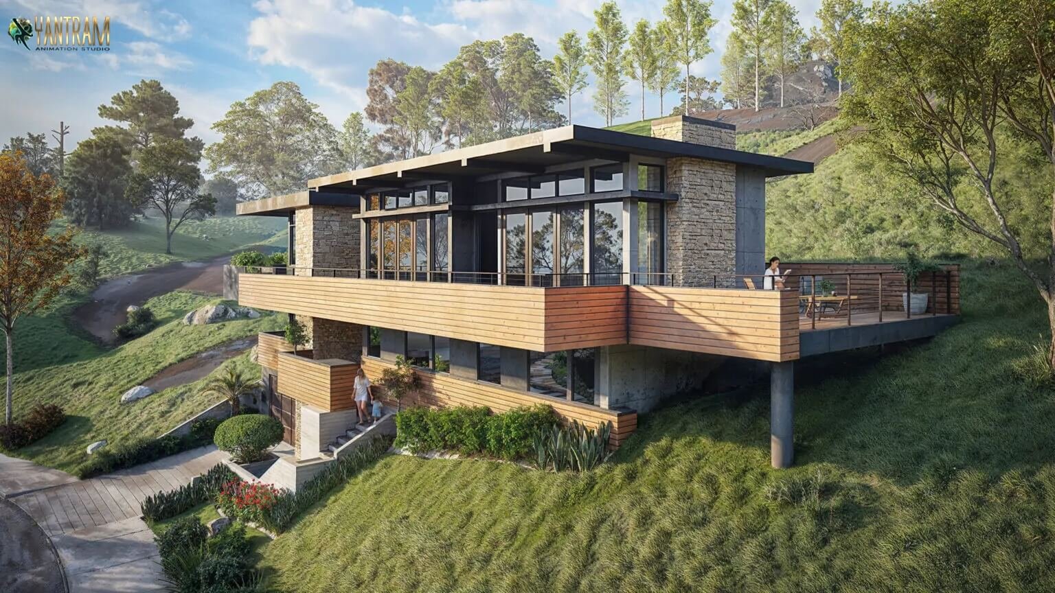 Photorealistic 3D rendering of a modern hillside luxury villa with large glass windows, wooden terraces, stone façade, and landscaped natural surroundings by Yantram Studio.
