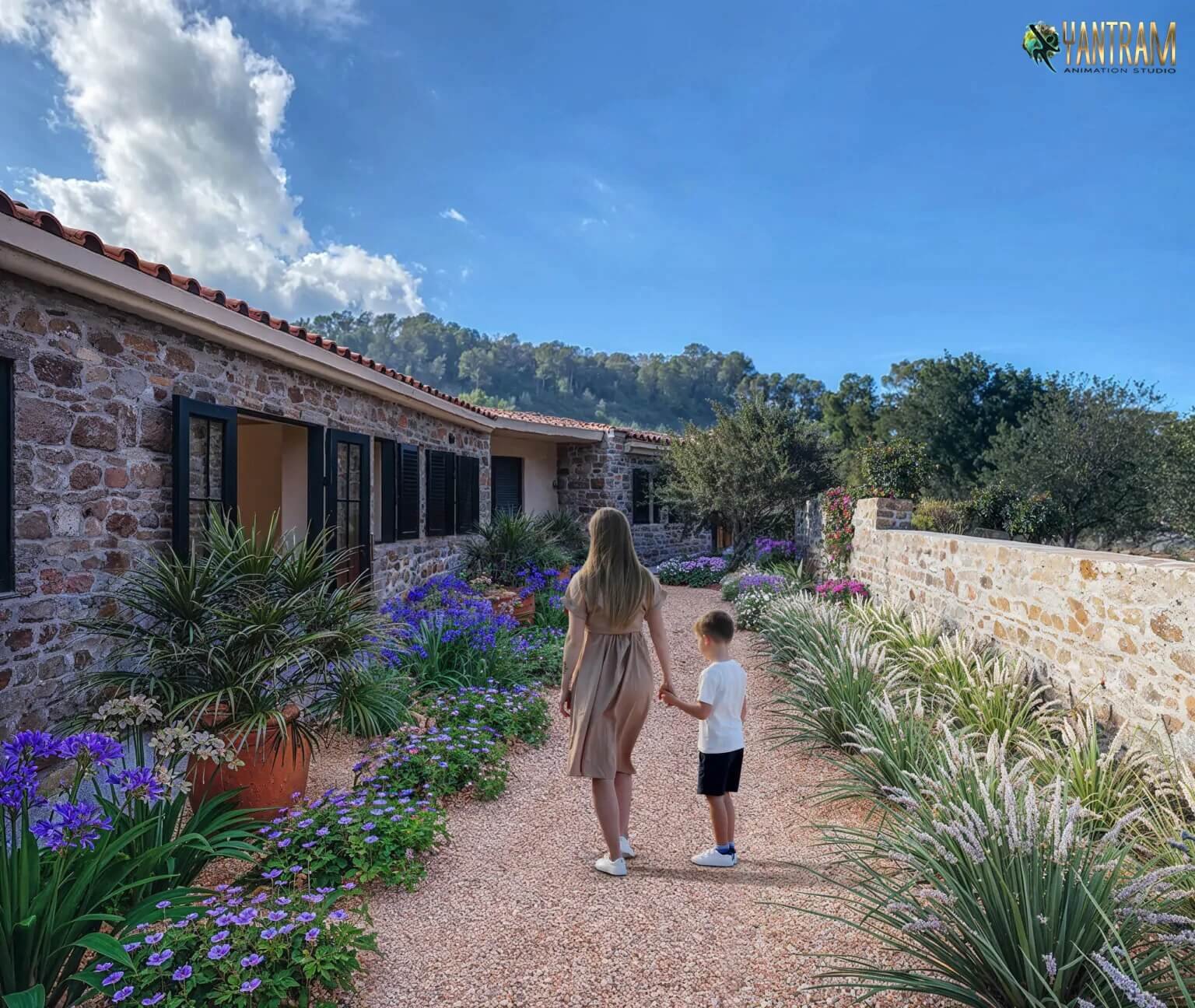 Mediterranean-style stone house with terracotta roof tiles, garden pathway lined with purple flowers and ornamental grasses, and a woman walking with a child in a landscaped courtyard.