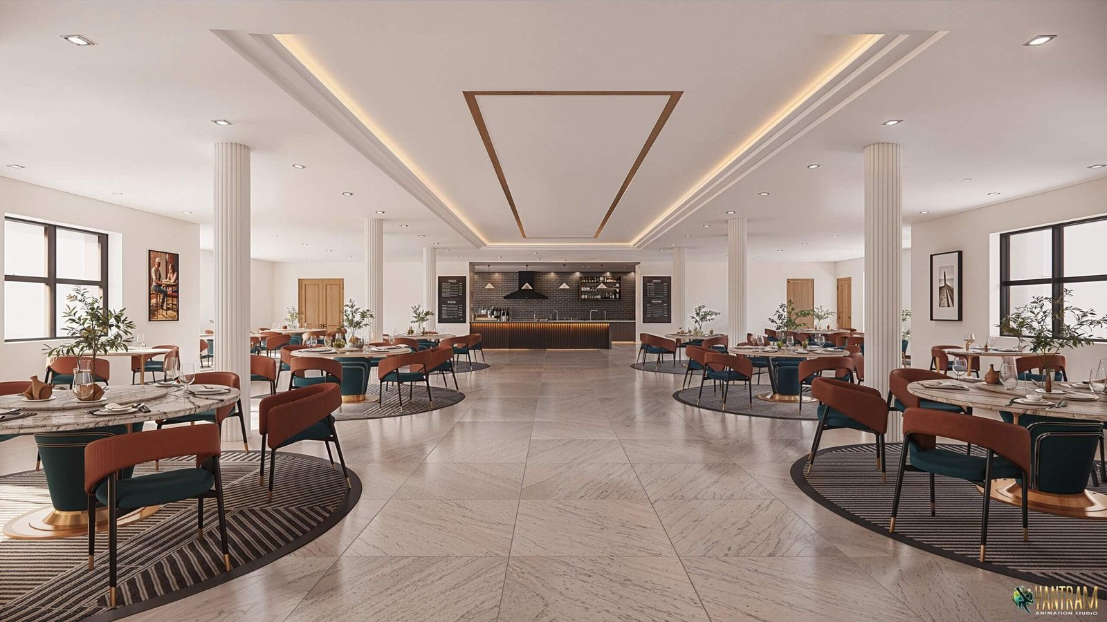 Cafeteria-style restaurant layout with modern furniture — Restaurant Bar 3D Interior