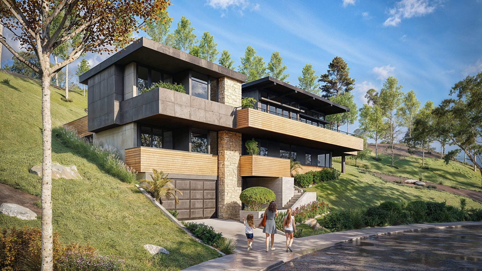 Contemporary multi-level hillside home with stone and wood façade, expansive balconies, glass railings, and landscaped sloped terrain. – 3D exterior rendering by Yantram Studio