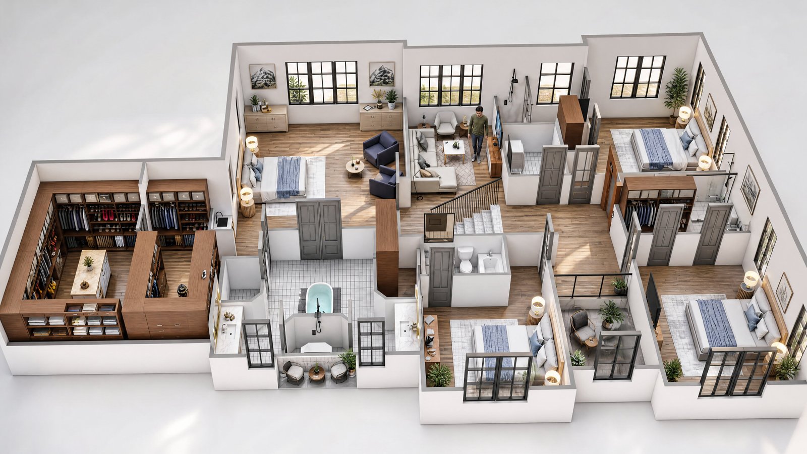 3D floor plan rendering of multi-bedroom apartment showing separate zones, closets, bathrooms, and circulation layout