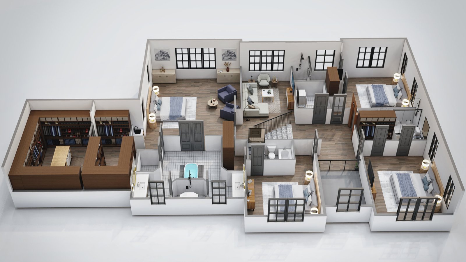 Top-down 3D isometric cutaway floor plan of a multi-bedroom apartment with wood floors and furnished rooms