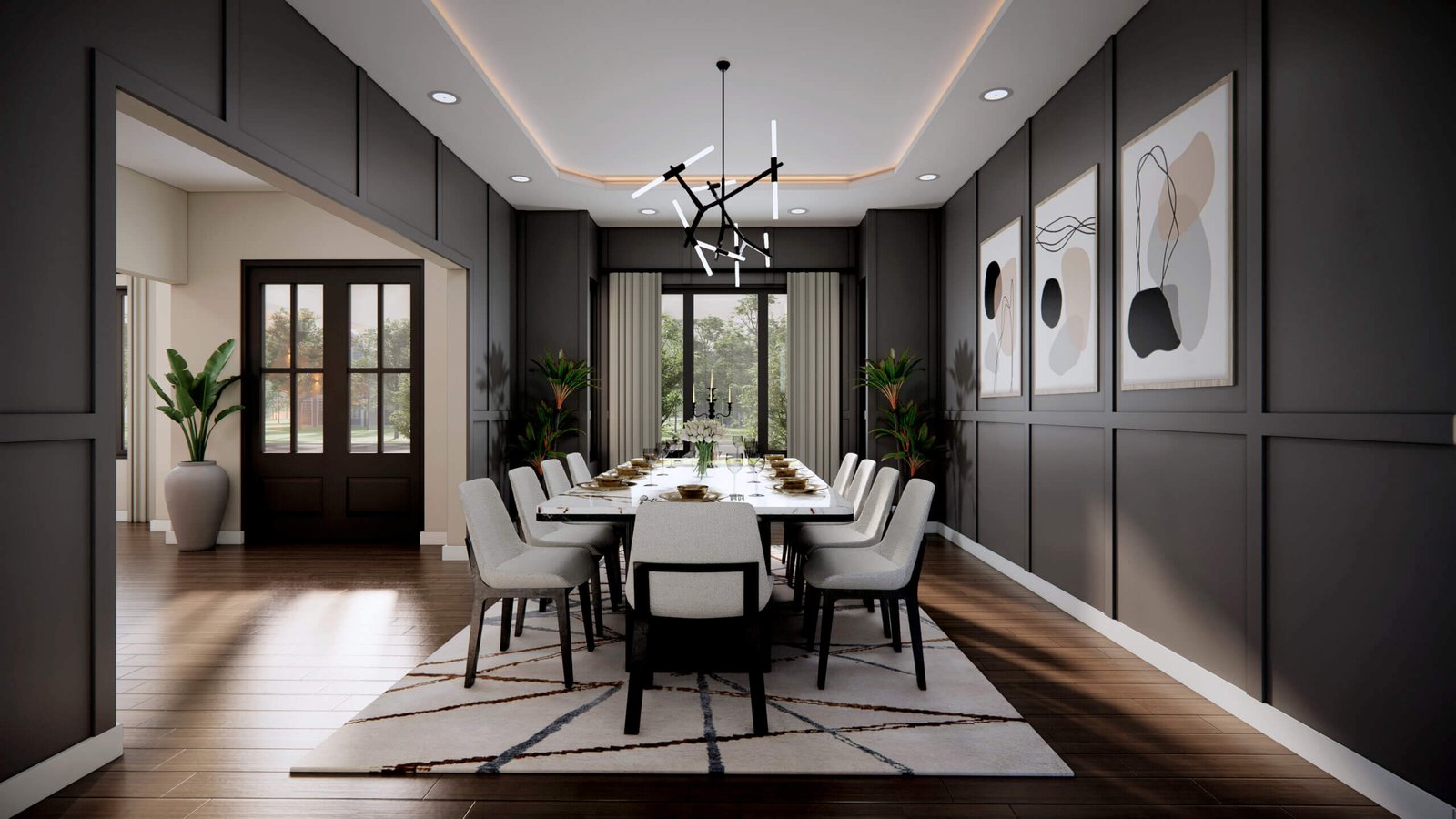 Contemporary Elegant Dining Room Interior Rendering Modern formal dining room with long rectangular table, upholstered chairs, dark paneled walls, and contemporary chandelier lighting.