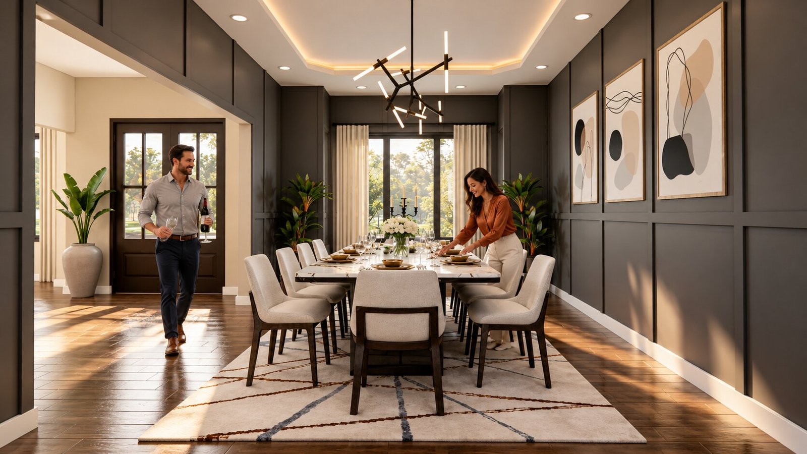 Contemporary Elegant Dining Room Interior Rendering Modern formal dining room with long rectangular table, upholstered chairs, dark paneled walls, and contemporary chandelier lighting.
