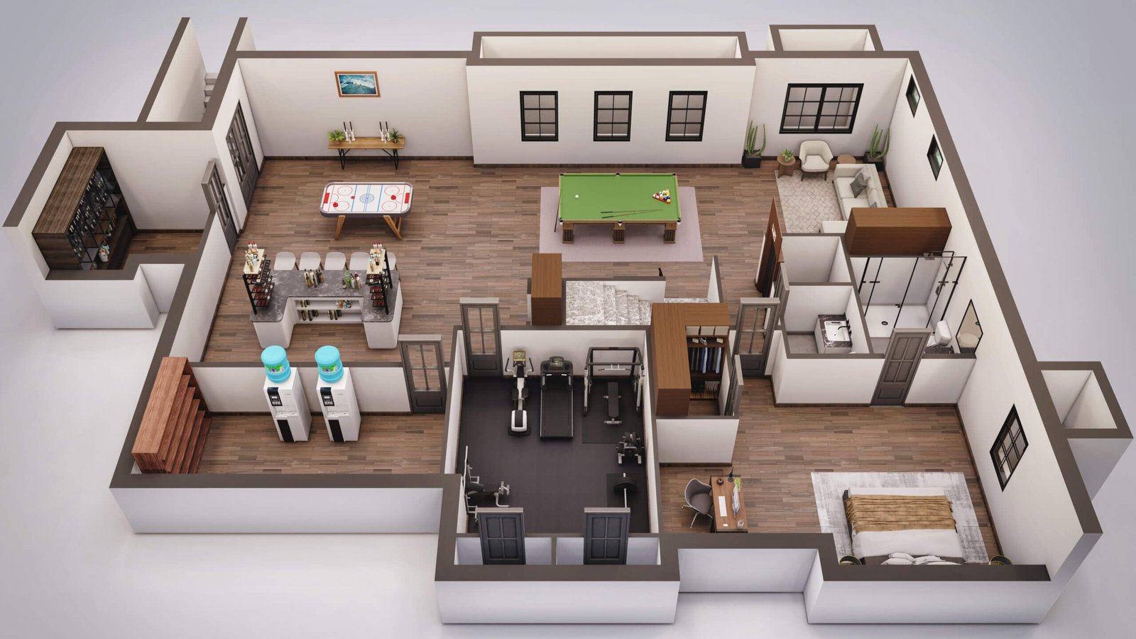 Basement-level 3D floor plan showing recreation room, storage and utility spaces — 3D Home Planning Houston Services