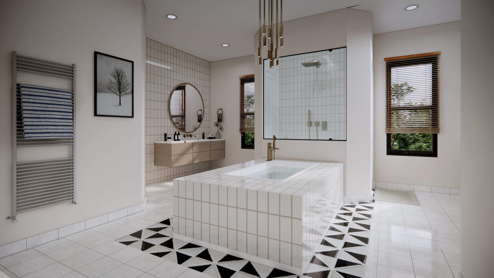 Contemporary Spa-Inspired Bathroom Interior Rendering Modern luxury bathroom interior with freestanding tiled bathtub, walk-in glass shower, floating vanity, and geometric patterned floor tiles.