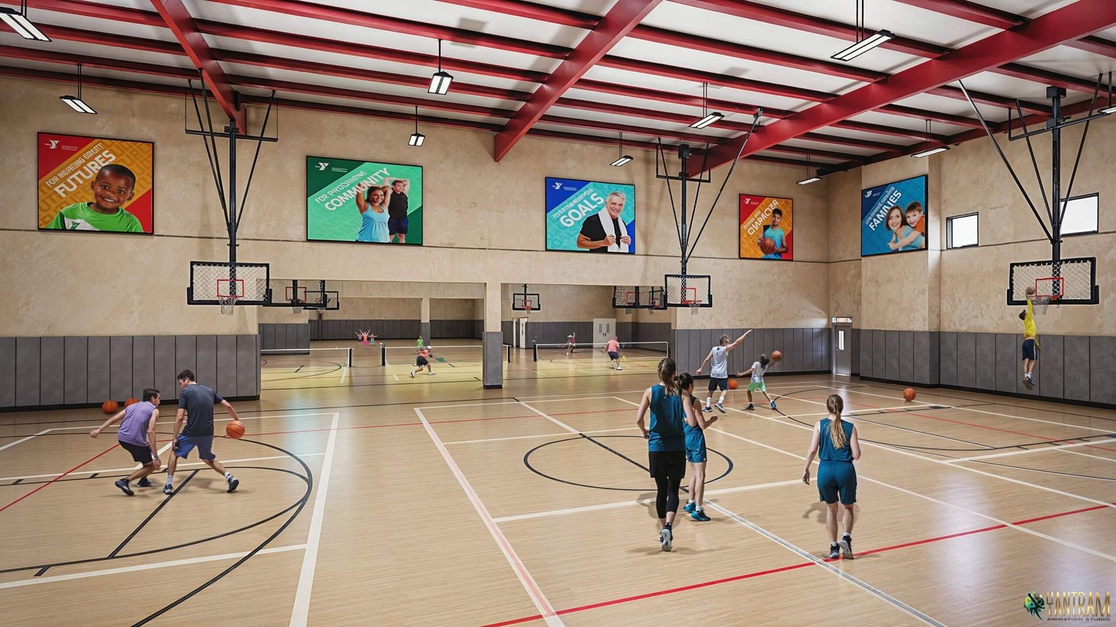 Indoor basketball court rendering with multiple hoops, hardwood flooring, high ceiling structure, and active players – sports facility visualization by Yantram Studio.