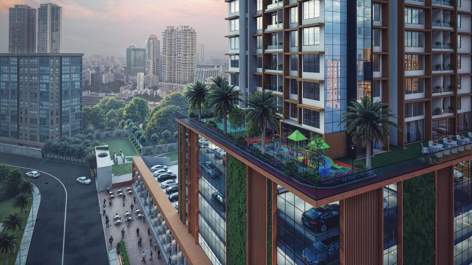 Modern high-rise residential building with rooftop garden, children’s play area, palm trees, glass façade, and city skyline at sunset.