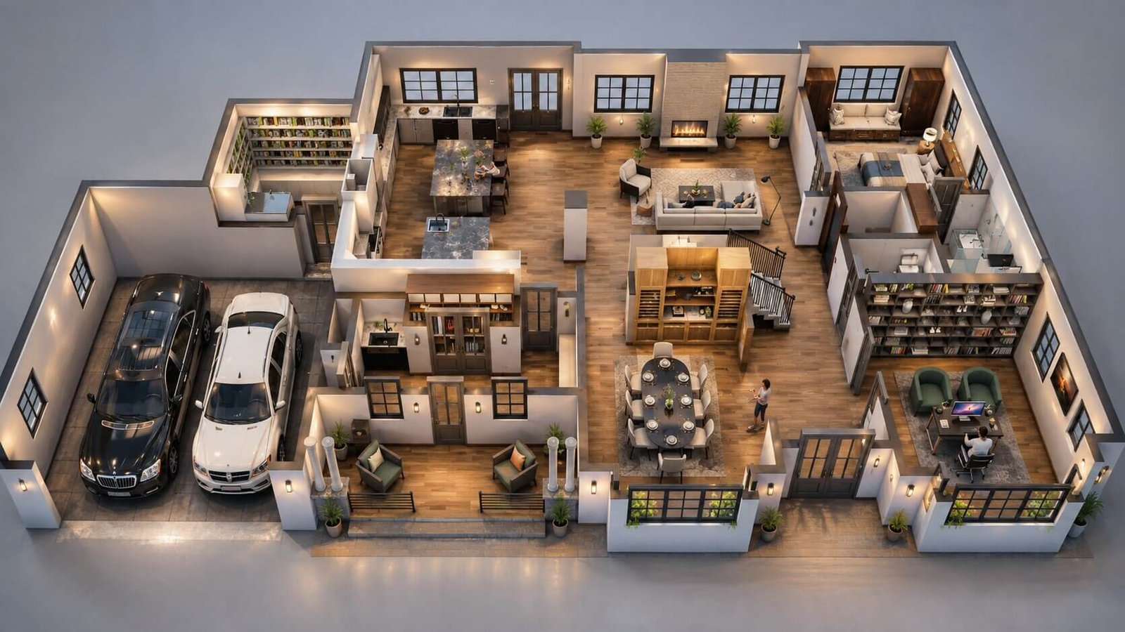 Overhead 3D floor plan layout showing open-plan living room, kitchen, dining area, and double garage