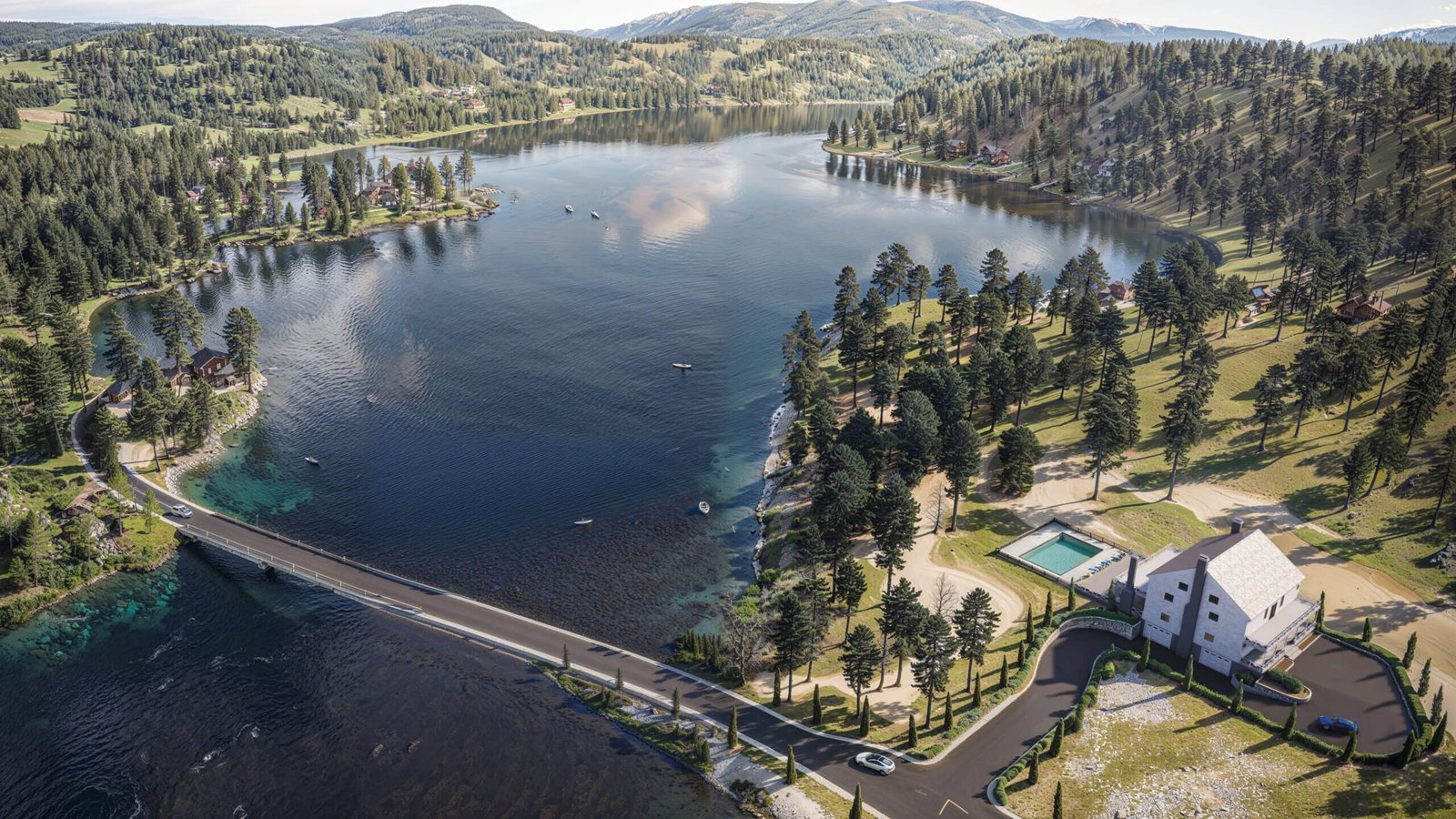 Aerial 3D rendering of a scenic lakeside residential landscape with bridge road, forested hills, waterfront houses, and natural lake environment.