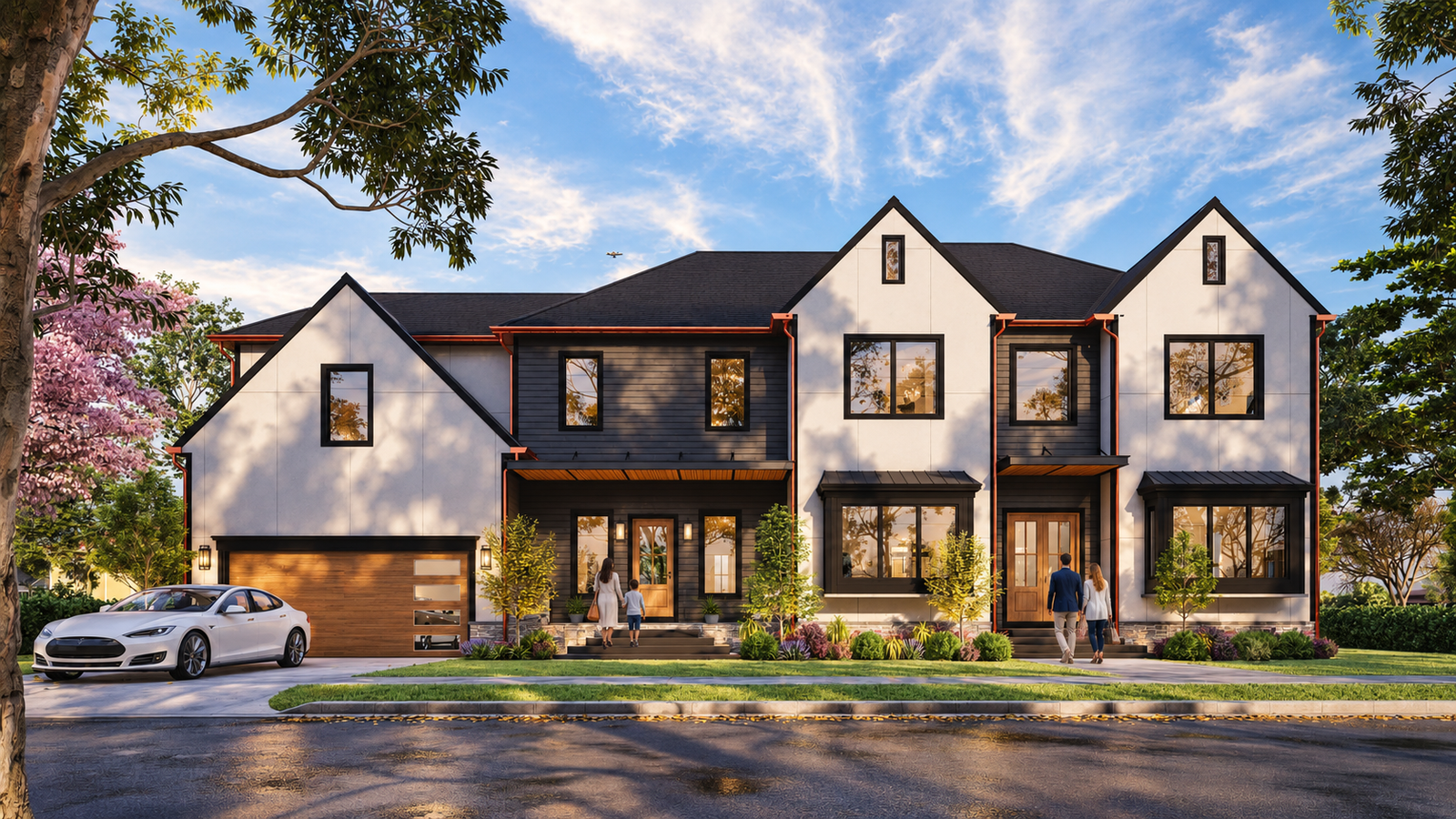 Modern multi-unit townhouse exterior with pitched rooflines, black and white façade, landscaped front yard, and street view perspective.