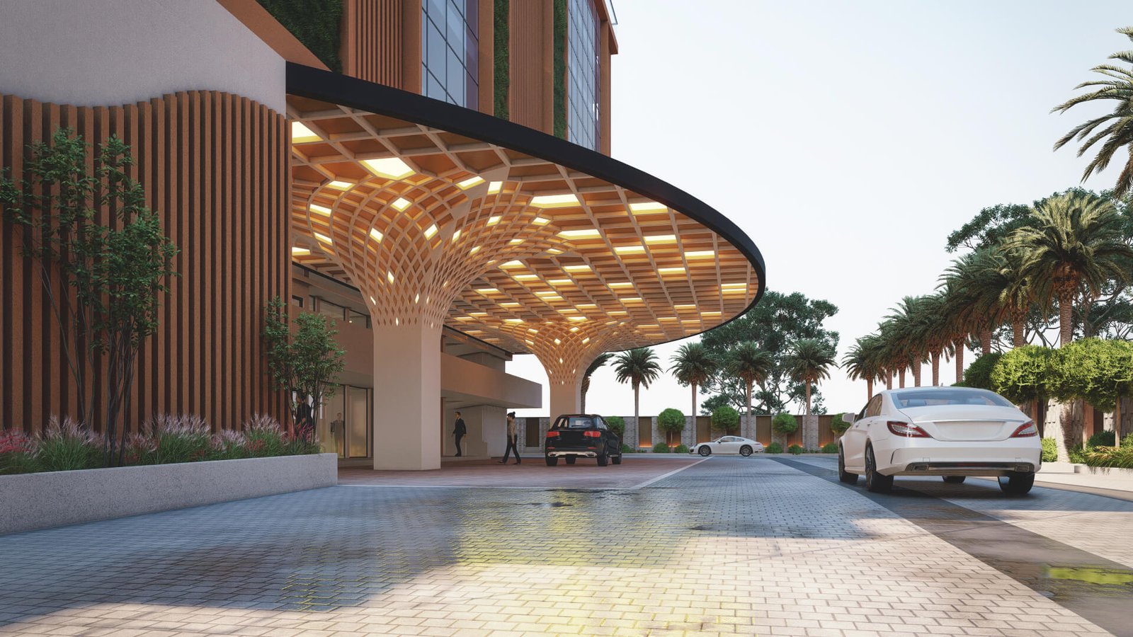 Luxury Hotel Drop-Off Canopy with Contemporary Curved Design Modern hotel entrance with curved illuminated canopy, patterned ceiling lights, luxury cars at drop-off zone, palm-lined driveway, and landscaped surroundings.