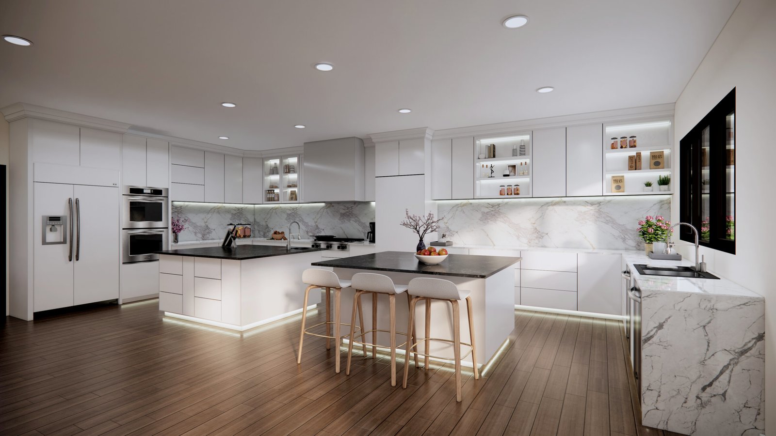 Contemporary White Kitchen Interior Rendering Modern white kitchen interior rendering with marble island, wooden bar stools, built-in appliances, and recessed lighting.