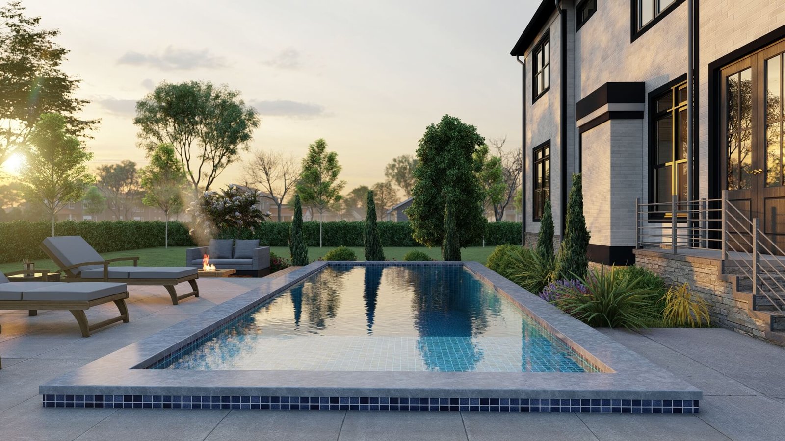 Luxury residential backyard with modern swimming pool, sun loungers, landscaped garden, and contemporary two-story home exterior at sunset.