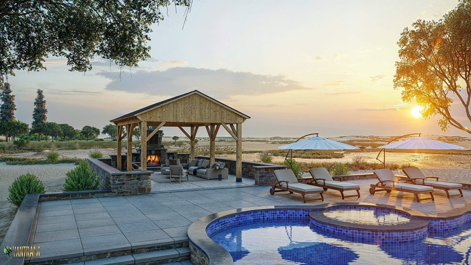 Photorealistic 3D rendering of a beachside outdoor patio featuring a pool, lounge chairs with umbrellas, wooden pavilion with fireplace, and sunset ocean view. – 3D rendering by Yantram Studio