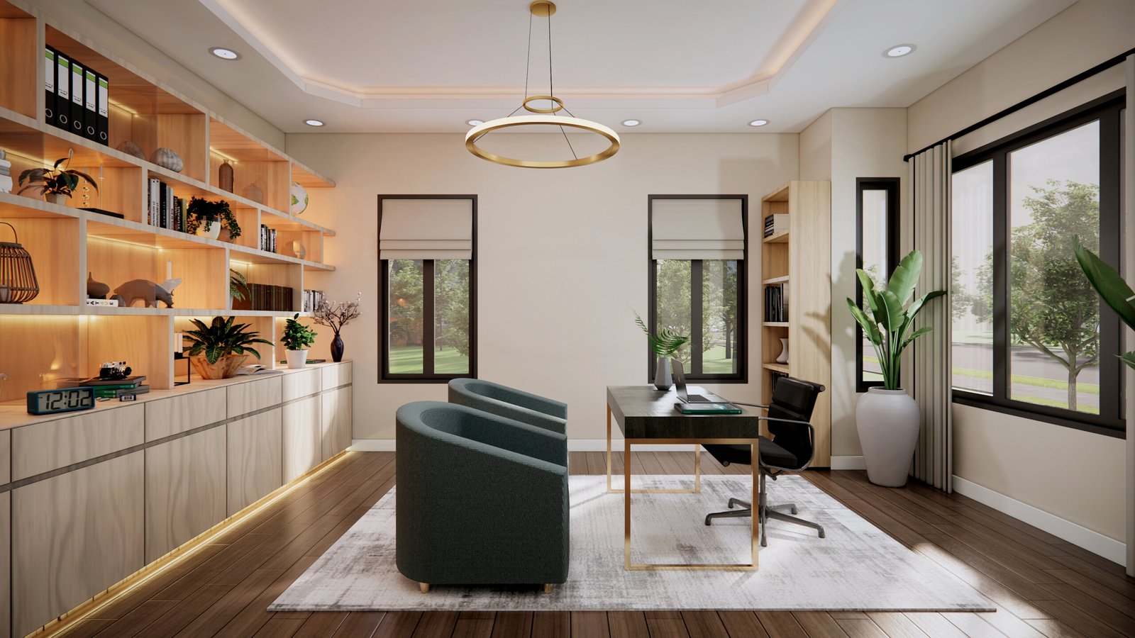Modern Home Office Interior Rendering Modern home office interior rendering with built-in wooden shelving, contemporary desk, green sofa, and warm ambient lighting.