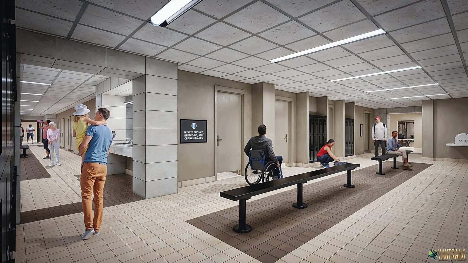 Public restroom and changing area interior rendering with accessible facilities, tiled flooring, benches, and modern lighting – commercial visualization by Yantram Studio. – 3D architectural visualization by Yantram Studio