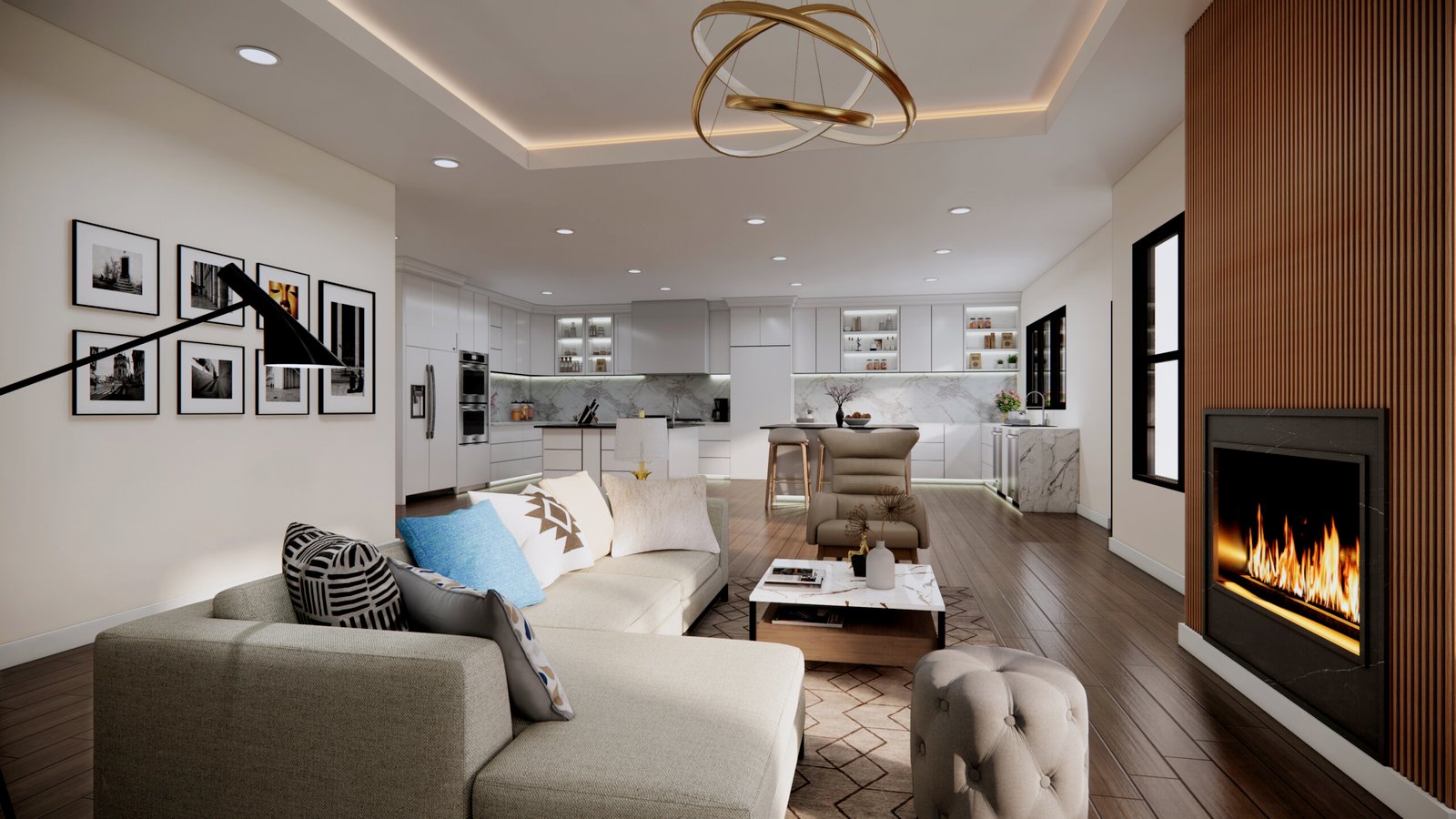 Modern Open-Concept Living Room Rendering Modern open-plan living room interior rendering with fireplace, contemporary kitchen, neutral furniture, and warm ambient lighting.