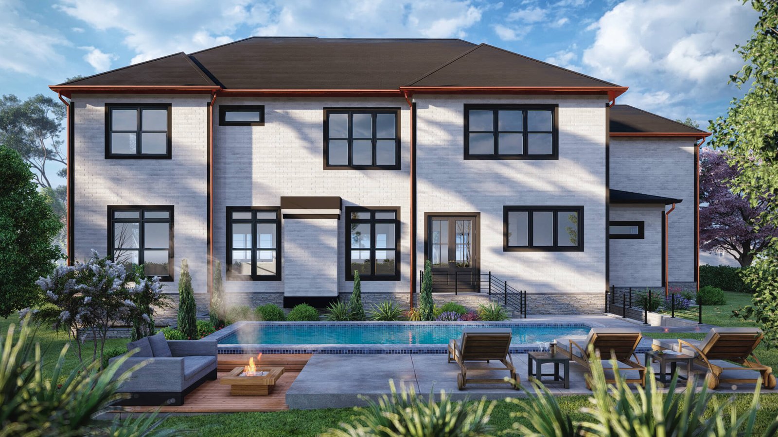 Modern two-story home rear exterior with landscaped backyard, swimming pool, patio seating, and large glass windows.