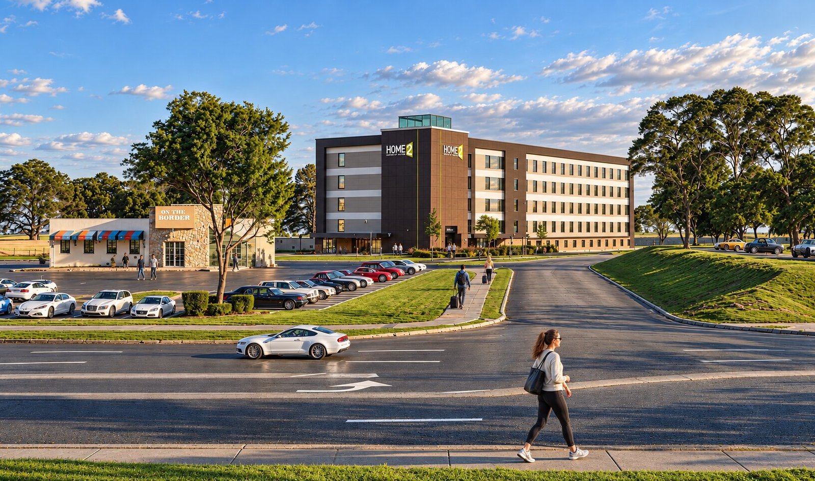 Street-level perspective of modern multi-story motel building with driveway, vehicle and landscaping in natural light