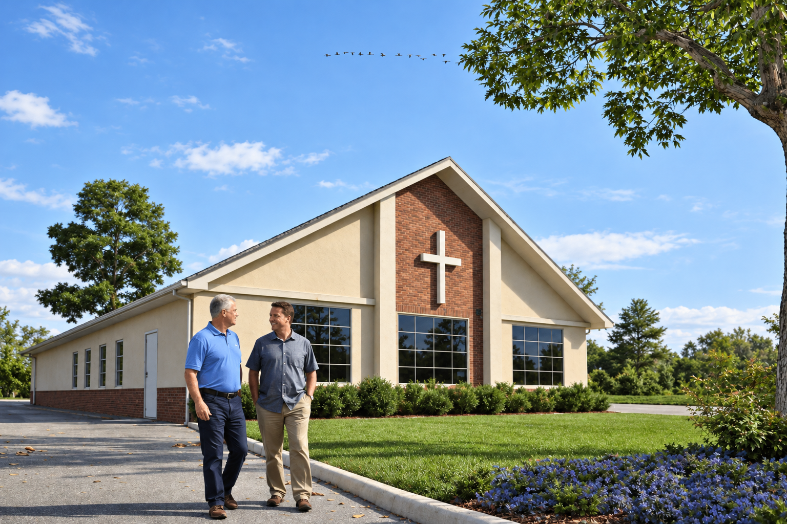 Exterior rendering of the church with landscaping — Church Auditorium Visualization