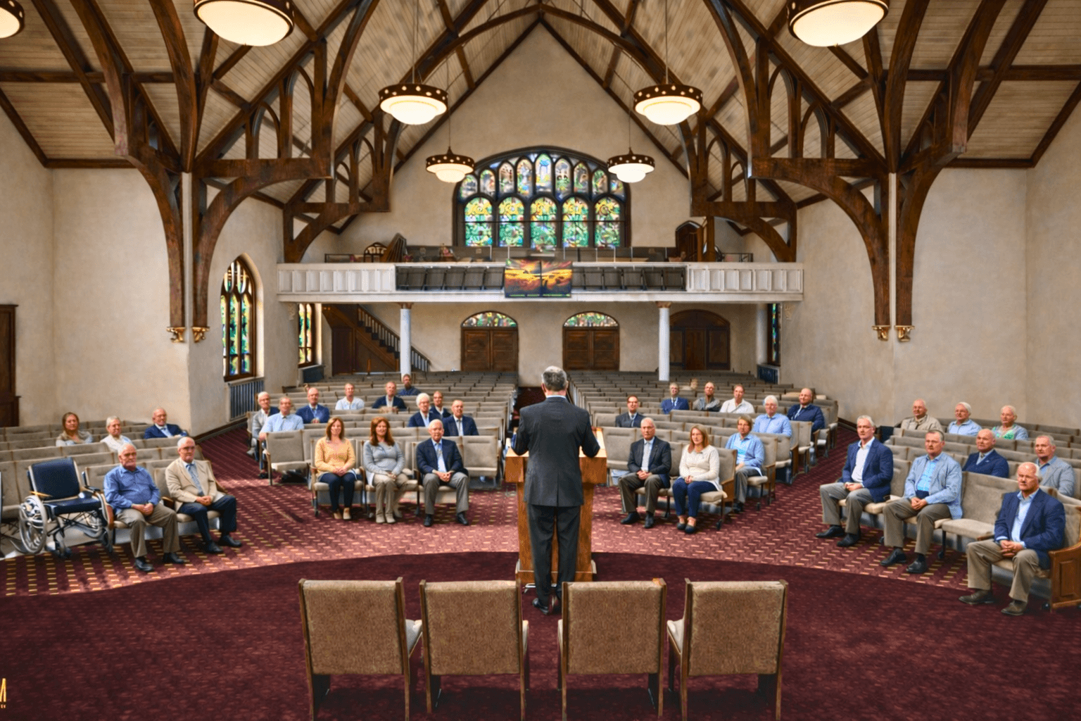 Church interior with wooden vaulted ceiling, stained glass windows, congregation seating, and pastor delivering a sermon in a photorealistic 3D architectural rendering.