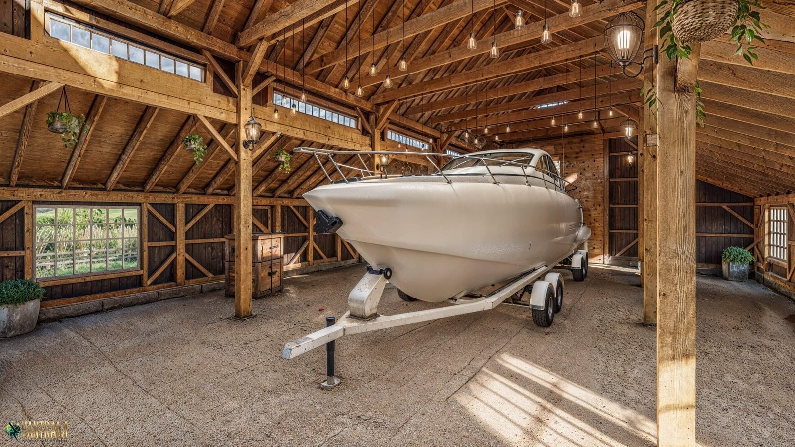 Spacious timber barn designed for secure boat storage. – 3D visualization by Yantram Studio