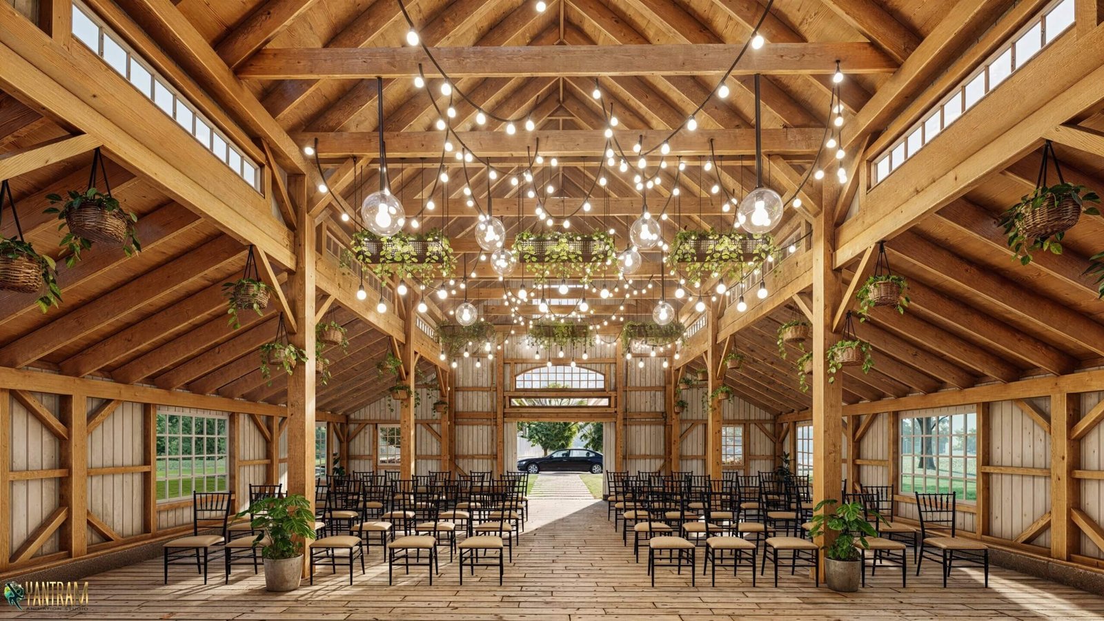 Photorealistic 3D rendering of a timber barn interior with exposed wooden beams, hanging string lights, greenery accents, and arranged ceremony chairs. – 3D exterior rendering by Yantram Studio