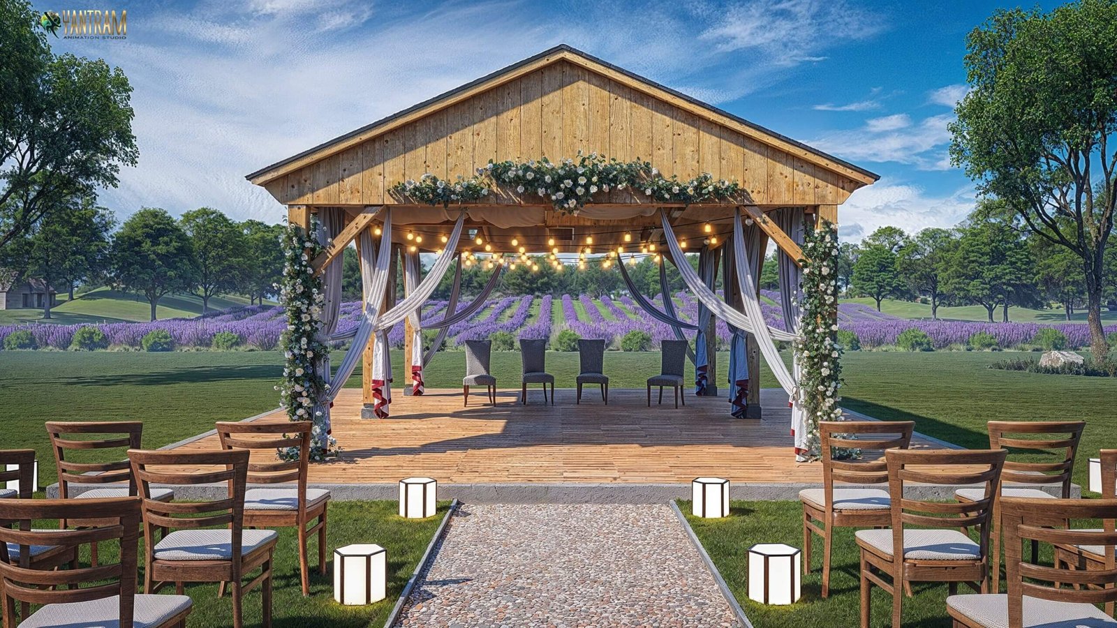 3D rendering of a rustic wooden pavilion decorated with floral garlands, string lights, chairs, and lanterns arranged for an outdoor wedding ceremony. – 3D architectural visualization by Yantram Studio