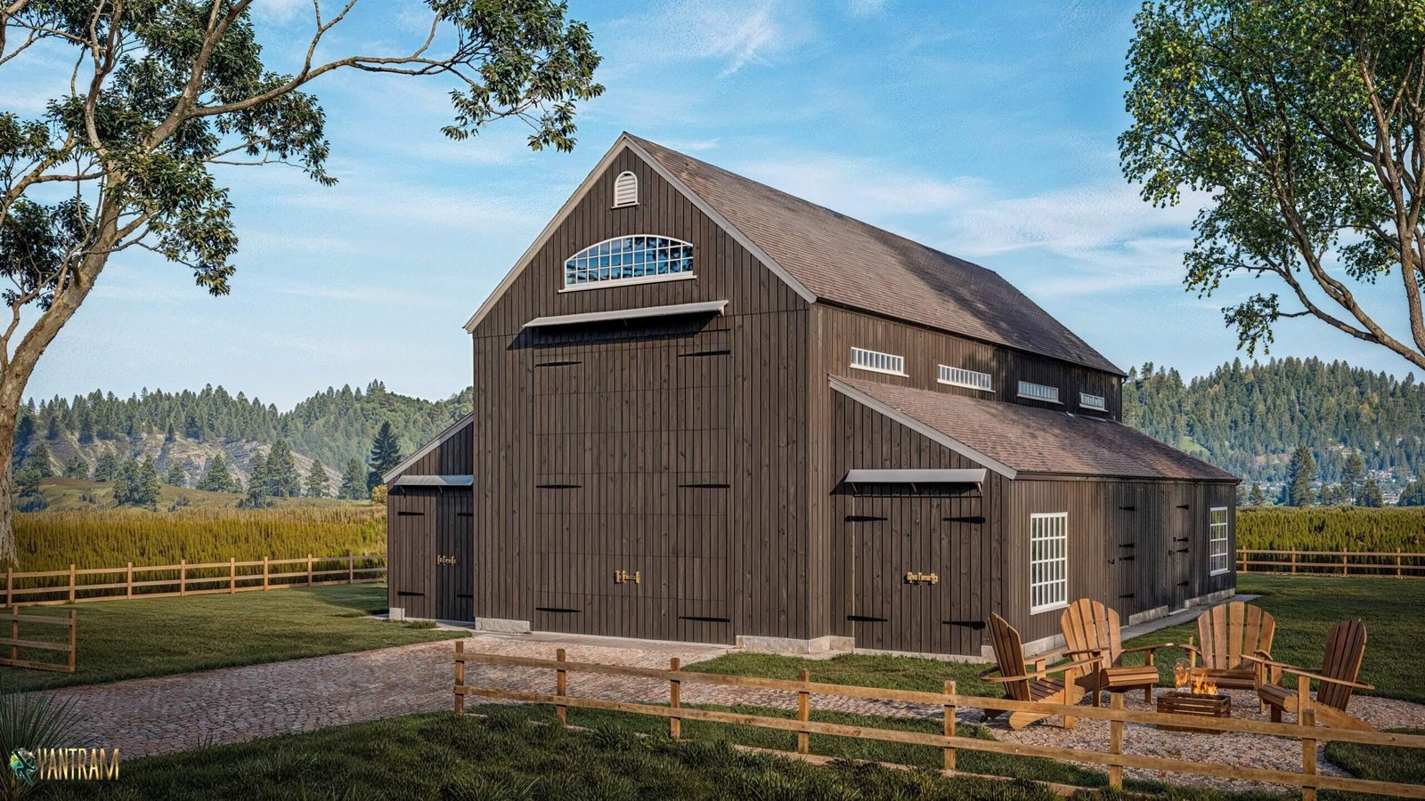 Contemporary dark wood barn-style house with pitched roof, fenced yard, and outdoor seating set in a rural landscape. – 3D exterior rendering by Yantram Studio