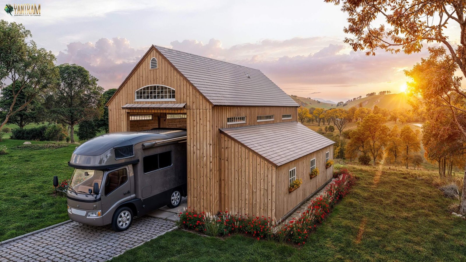 3D rendering of a wooden barn-style house with pitched roof, attached RV garage, landscaped garden, and sunset countryside setting. – 3D rendering by Yantram Studio