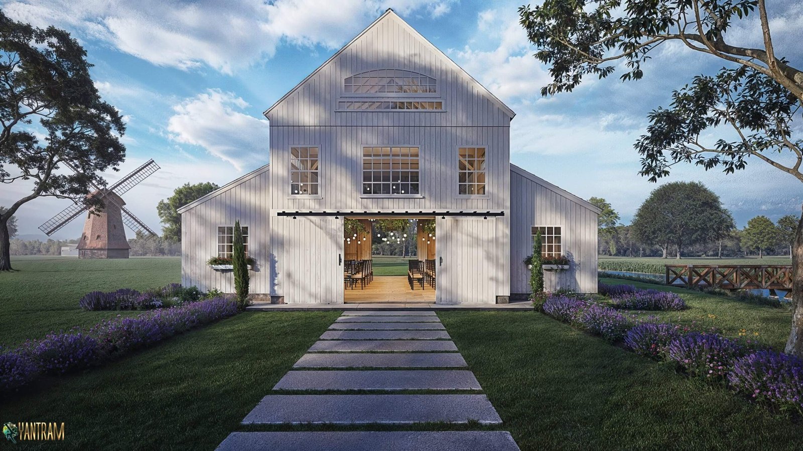 Modern white barn house exterior 3D rendering with landscaped garden, pathway, and contemporary architecture. – 3D exterior rendering by Yantram Studio
