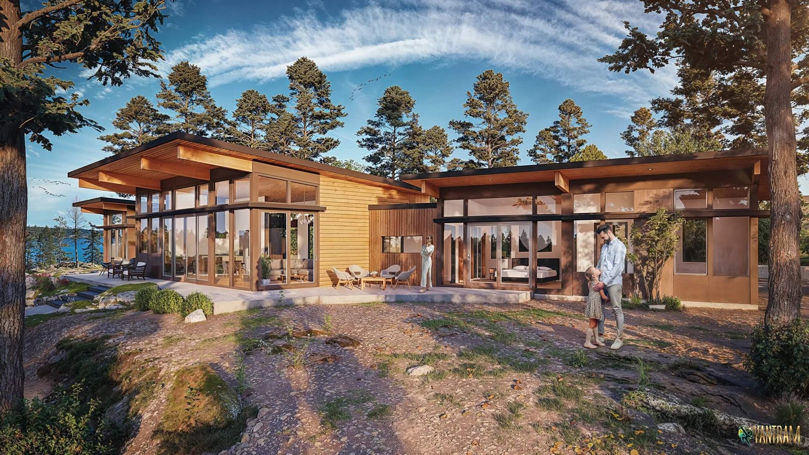 Modern timber-clad forest house with expansive glass walls, flat extended rooflines, outdoor seating area, and natural rocky landscape. – 3D visualization by Yantram Studio