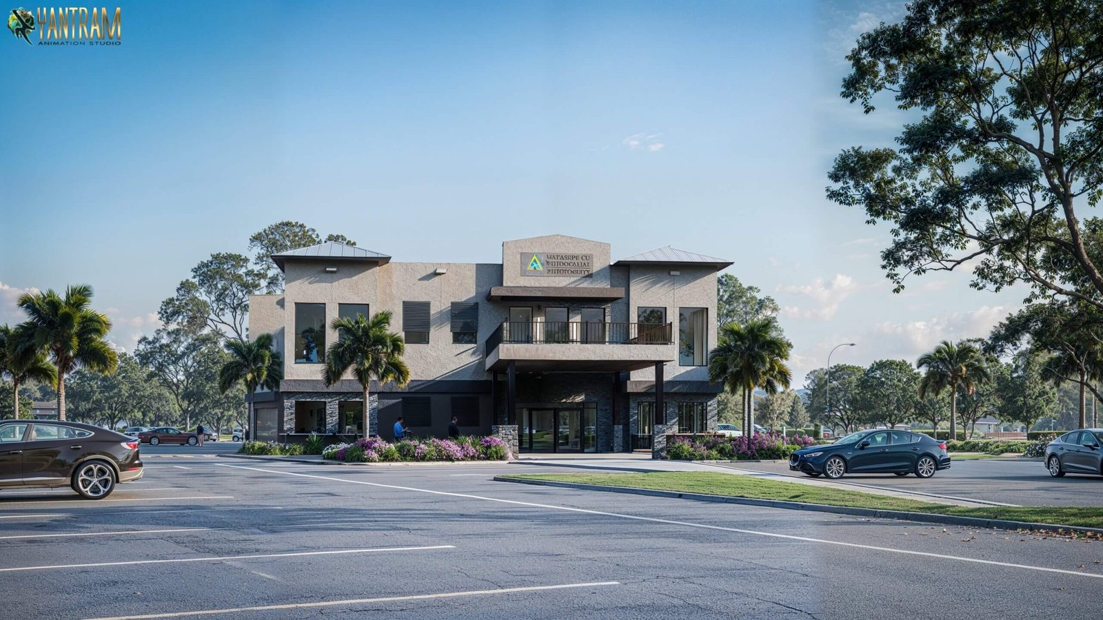 Contemporary two-story commercial office building with palm trees, landscaped garden beds, parking lot, and covered main entrance canopy.