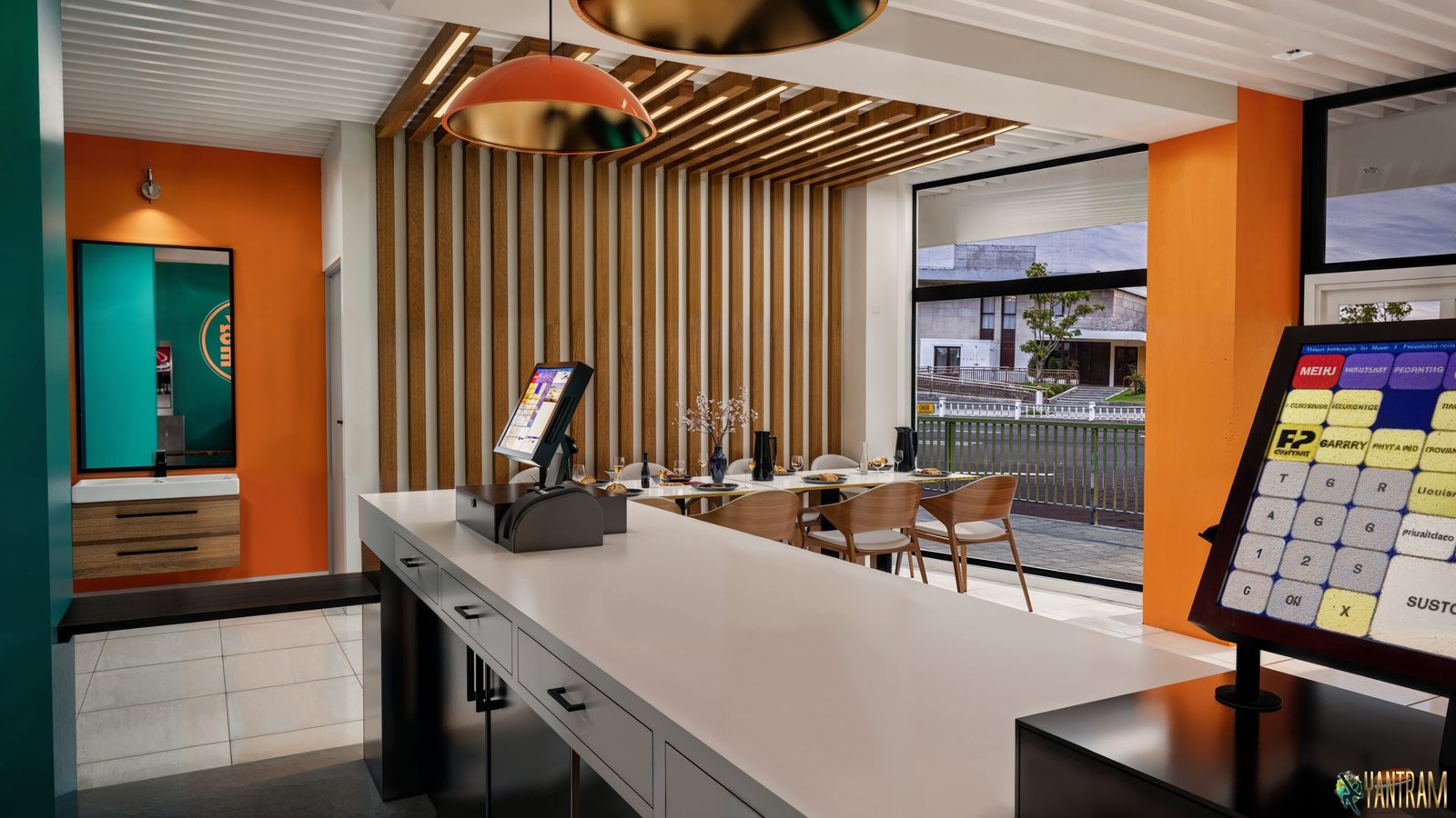 Fast-Casual Restaurant Counter View with POS System and Modern Dining Interior Photorealistic fast-casual restaurant interior showing service counter with POS system, pendant lighting, wood ceiling slats, large windows, and modern dining tables and chairs.