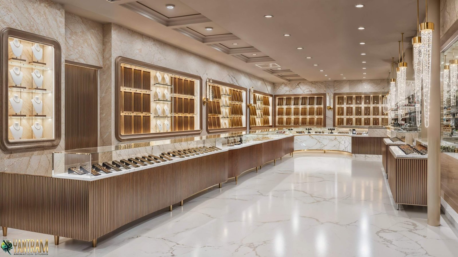 Luxury jewelry showroom interior with marble flooring, illuminated wall displays, glass counters, and elegant wooden cabinetry.